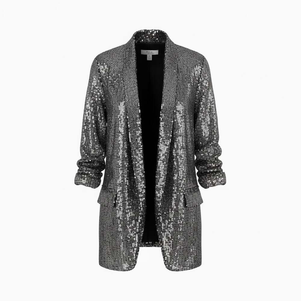 C by One Silver Sequin Boyfriend Blazer with Ruched Sleeves